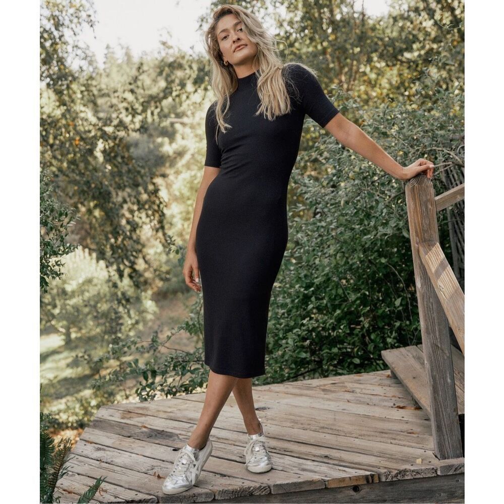 Marine Layer Lexi Rib Mock Neck Midi Dress in Black Large